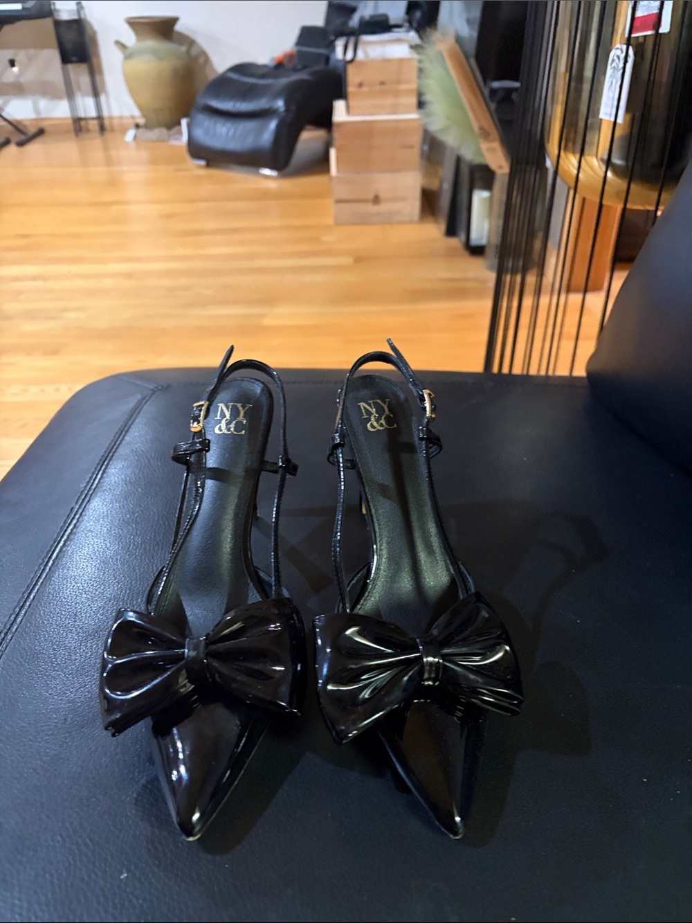 New York & Company Black Patent Pointed Slingback Pumps with Bow Accent